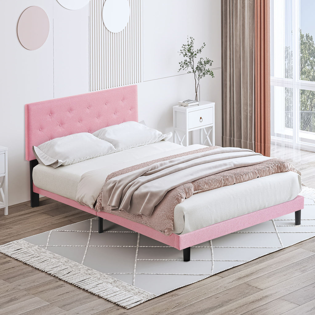 Modern Upholstered Platform Bed Frame With Button Tufted Linen Fabric Headboard