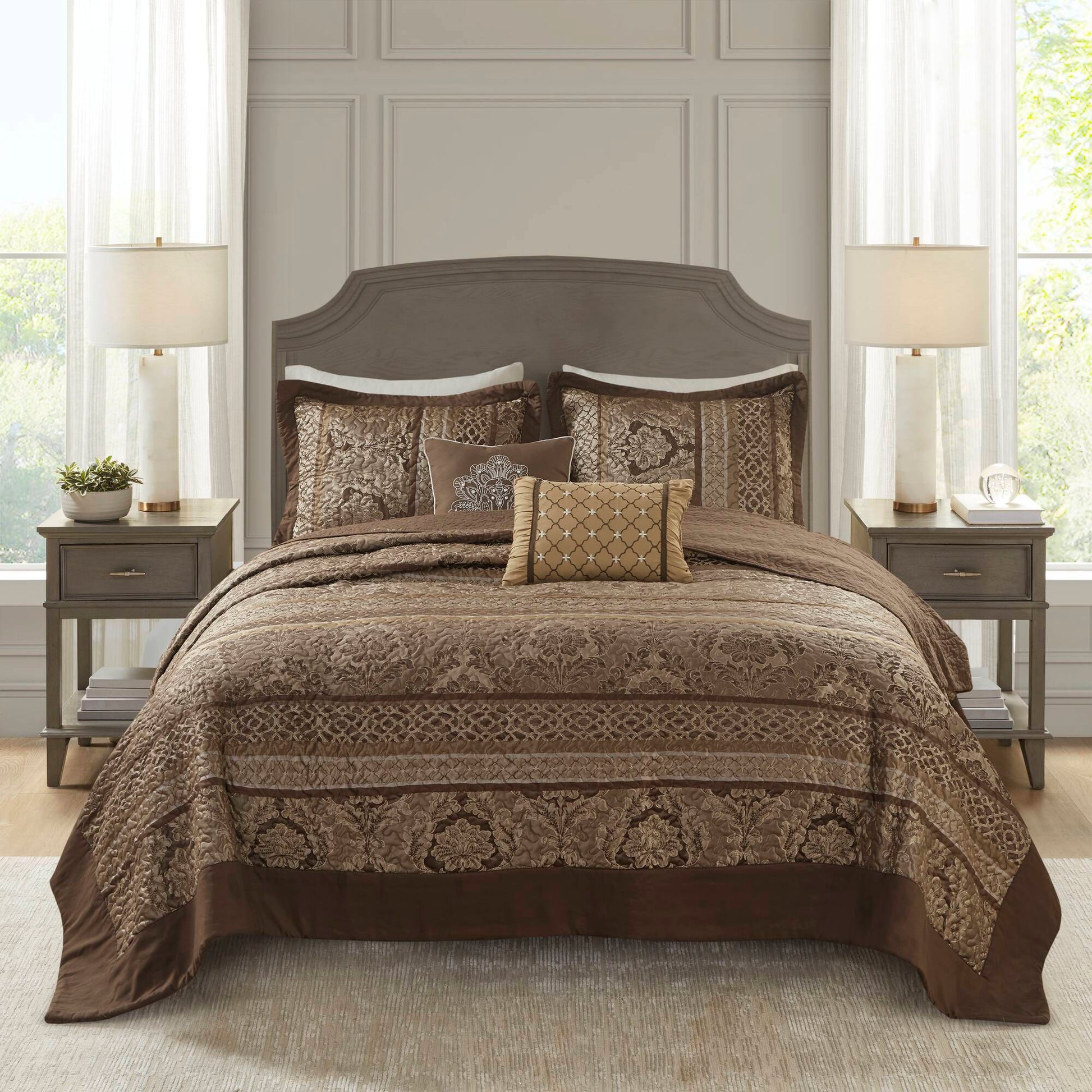 Bellagio - King 5 Piece Reversible Bedspread Set - Brown / Gold