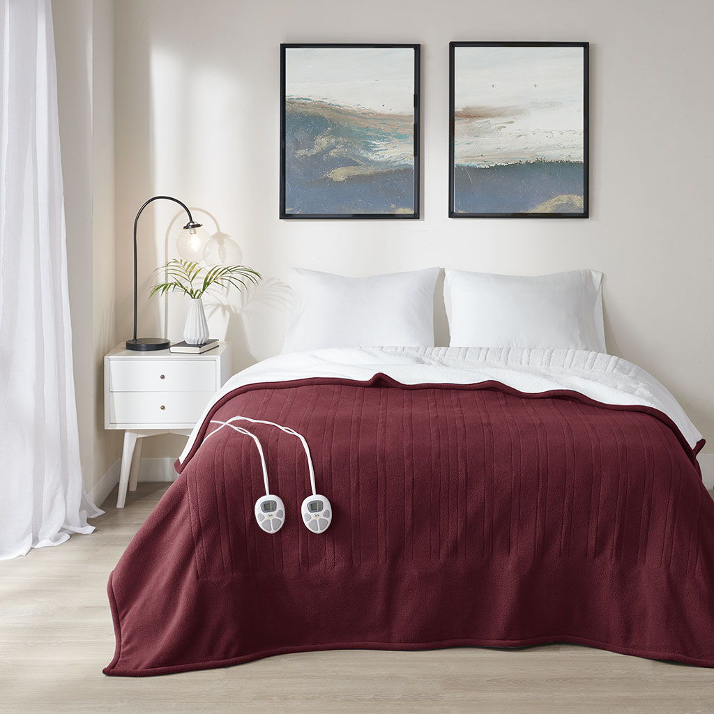 Fleece to Sherpa - King Heated Blanket - Burgundy