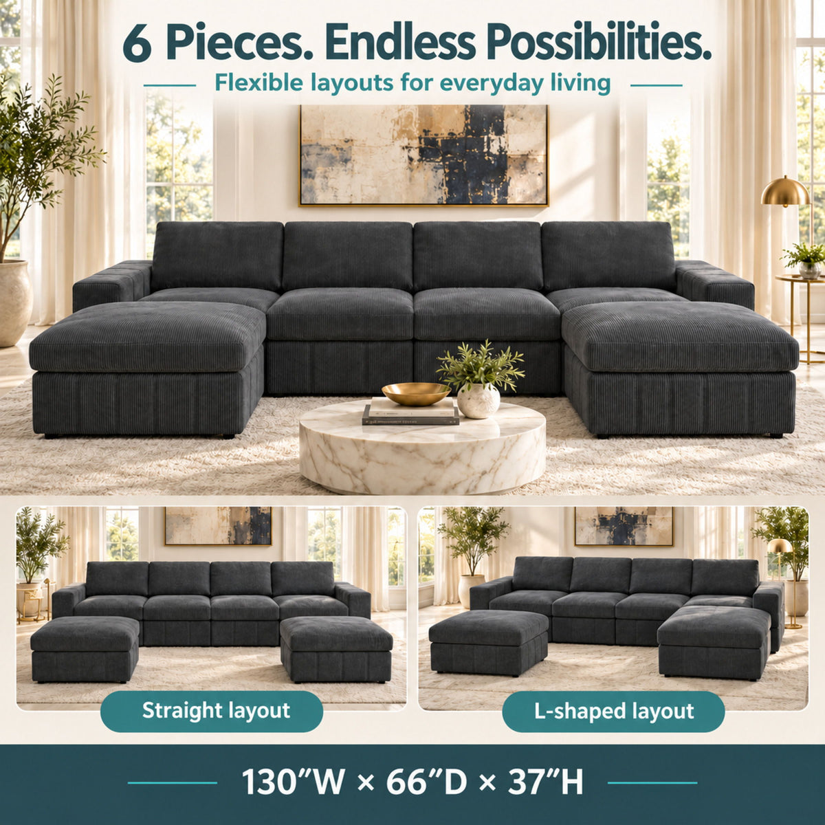 Modular Sectional Sofa, Reversible Set