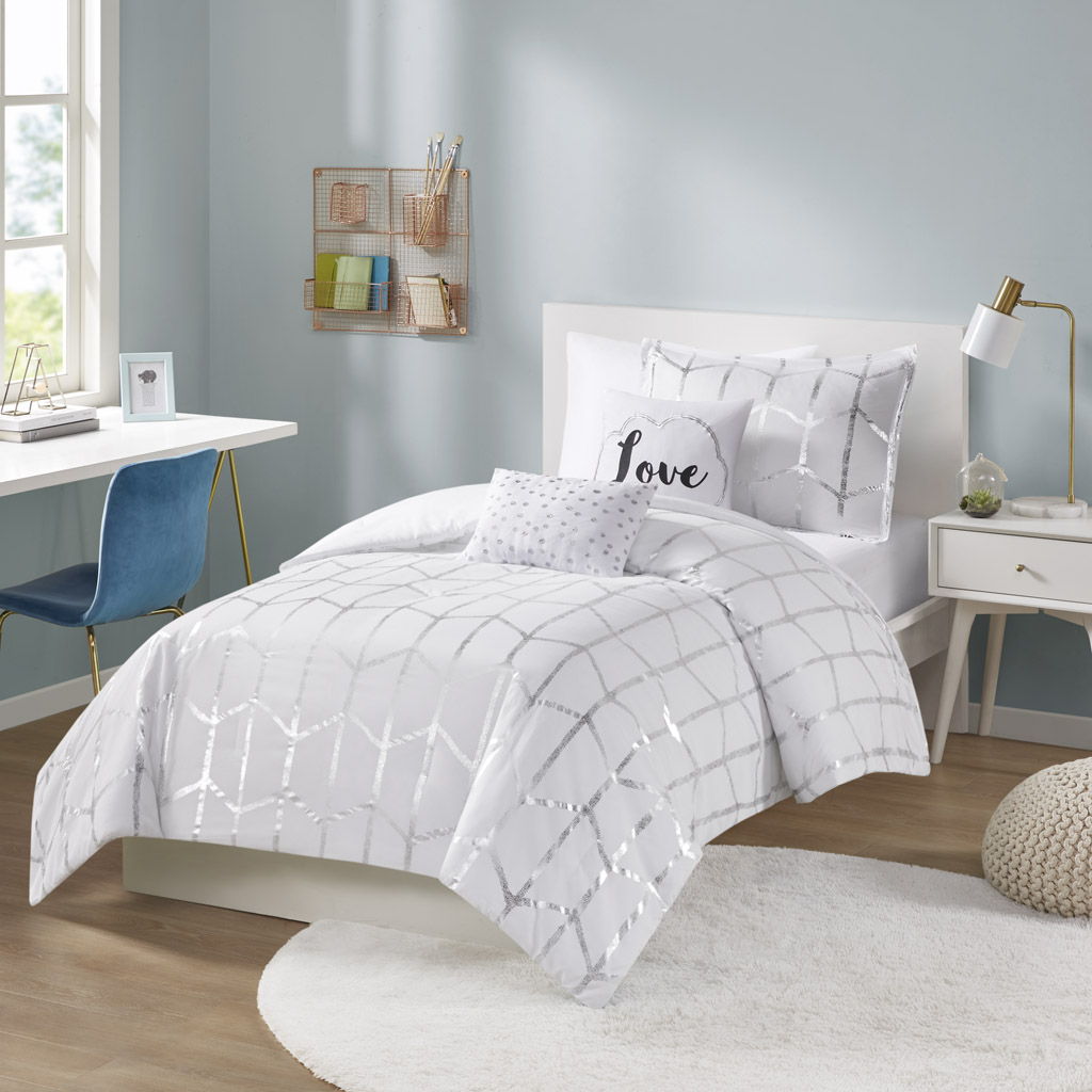 Raina - Twin Metallic Printed Comforter Set - White / Silver