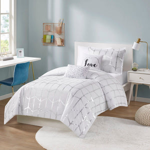 Raina - Twin Metallic Printed Comforter Set - White / Silver