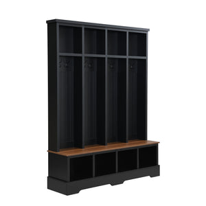 Hall Tree With 8 Hooks, Practical Entryway Bench With Open Compartments