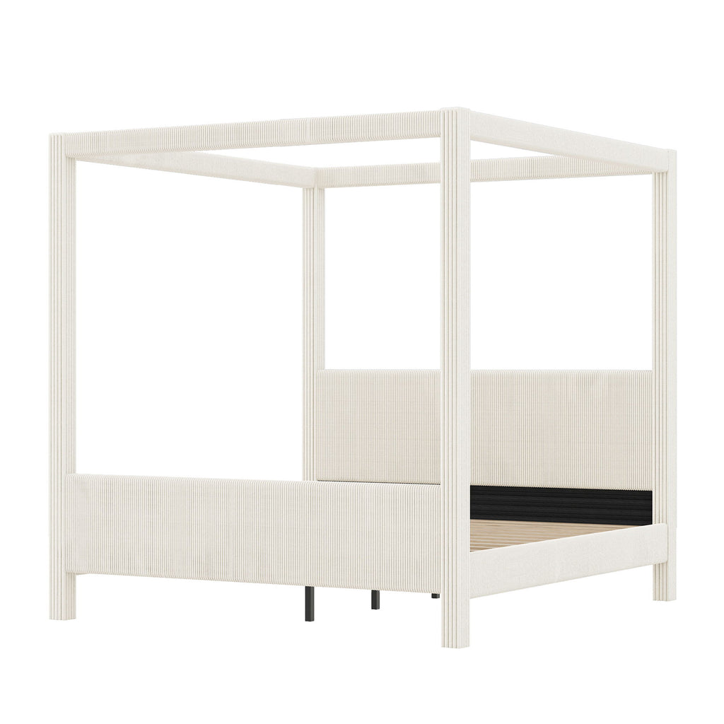 Upholstered Canopy Platform Bed With Headboard And Footboard, Vertical Ribbed Design