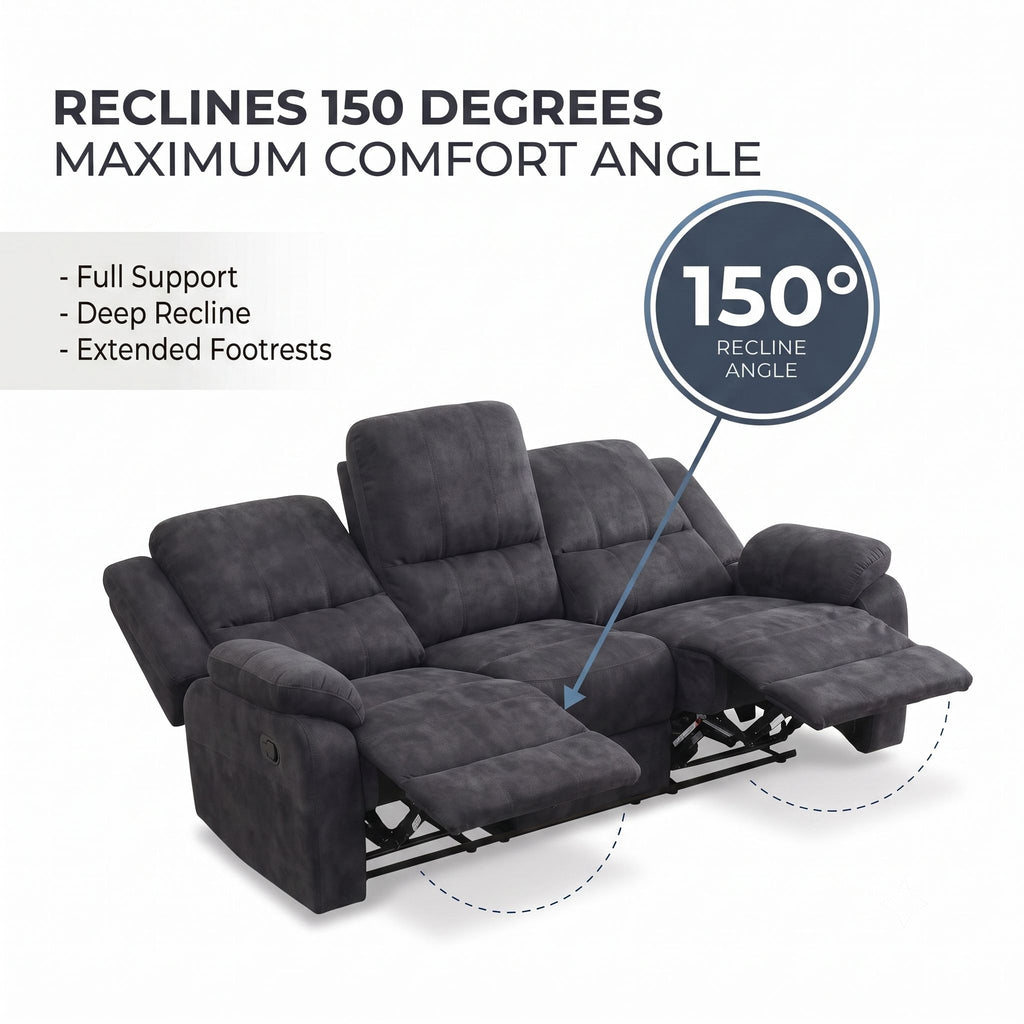 2 Piece Reclining Sofa Set, 3 Seat Sofa & 2 Seat Loveseat, 150° Recline - Dark Gray