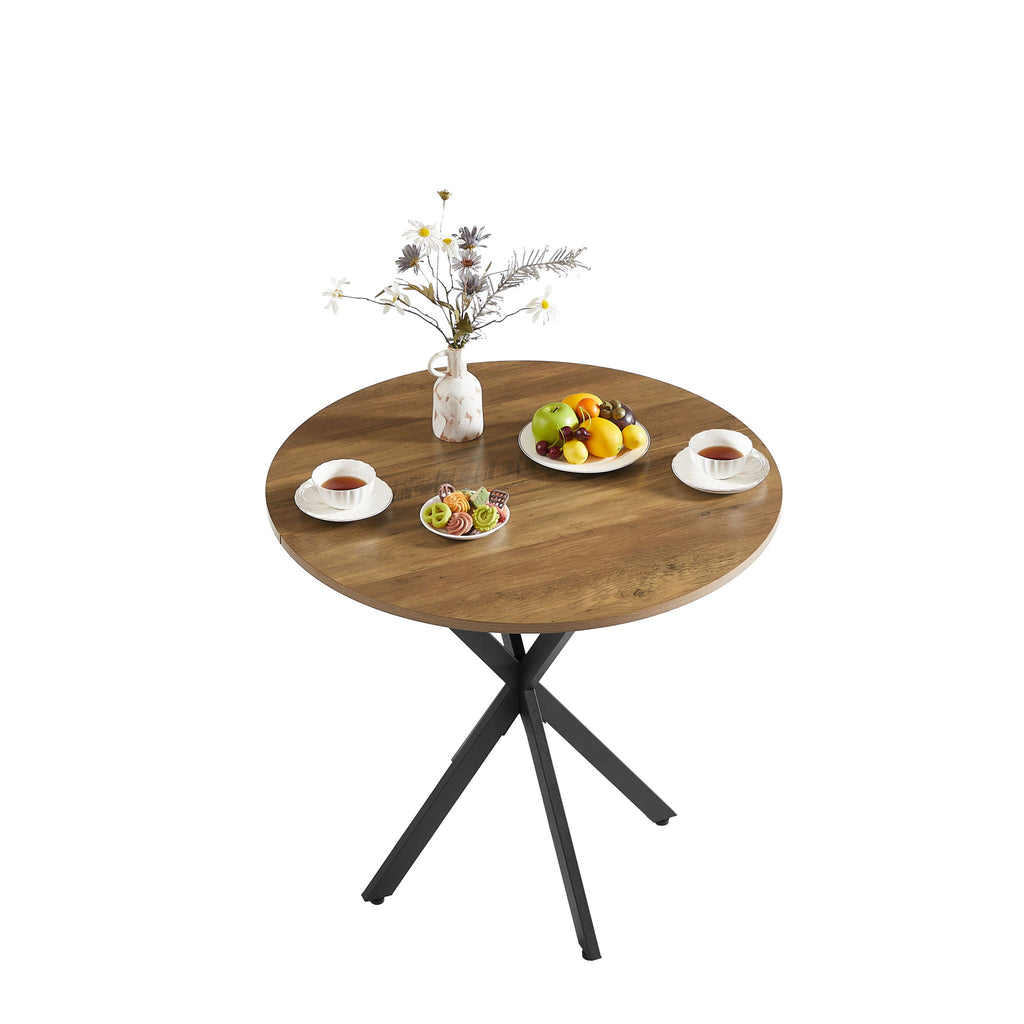 Vintage Round Dining Table With Metal Legs For 2 - 4 People, Wood Top - Brown