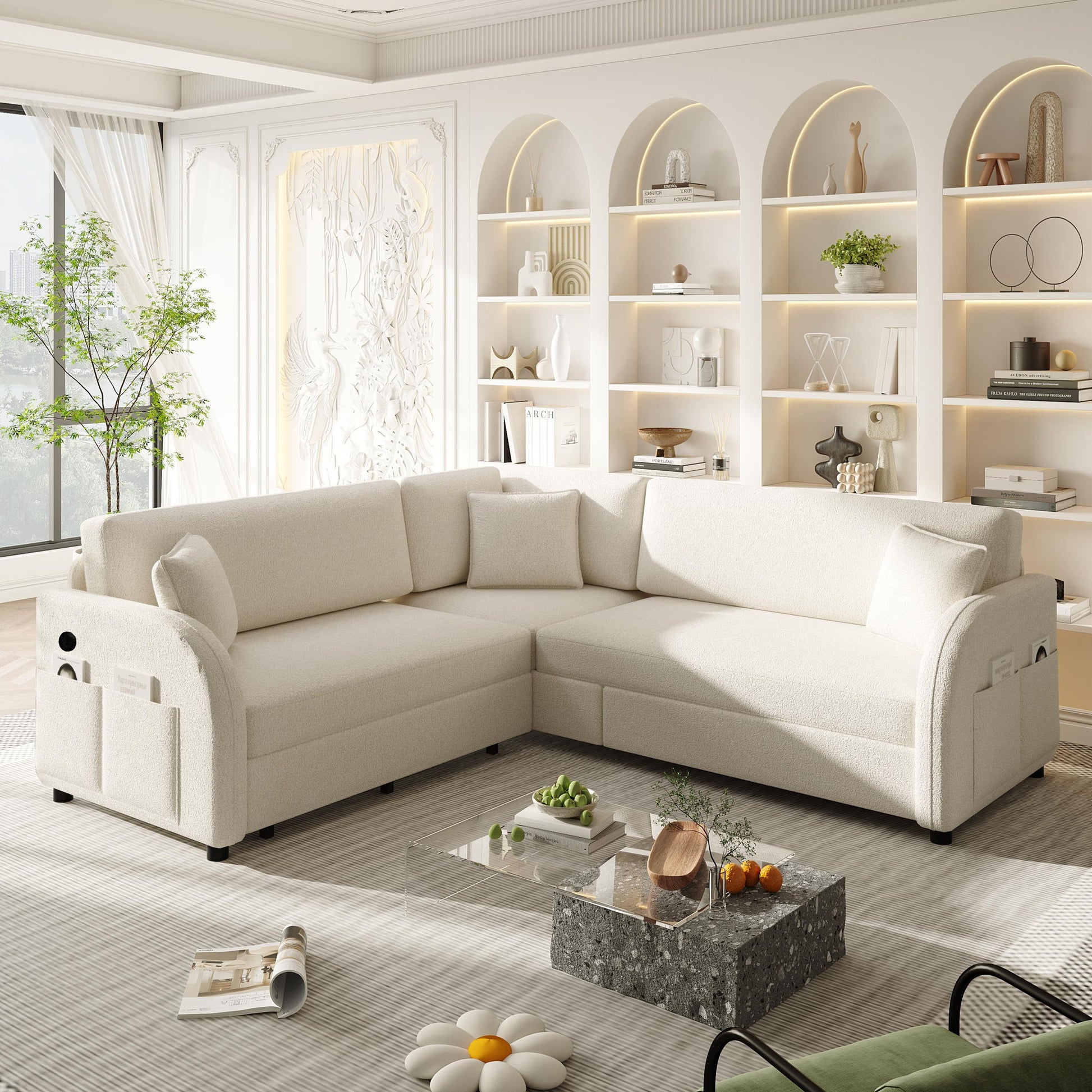 L-Shaped Couch With Pull-Out Bed, Oversize Convertible Sleeper Sofa With Side Pocket & USB Port