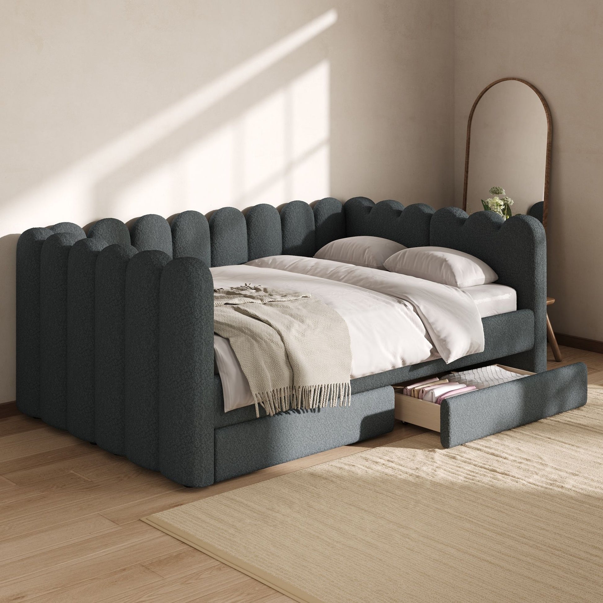Upholstered Daybed With Curved Ribbed Panel Design