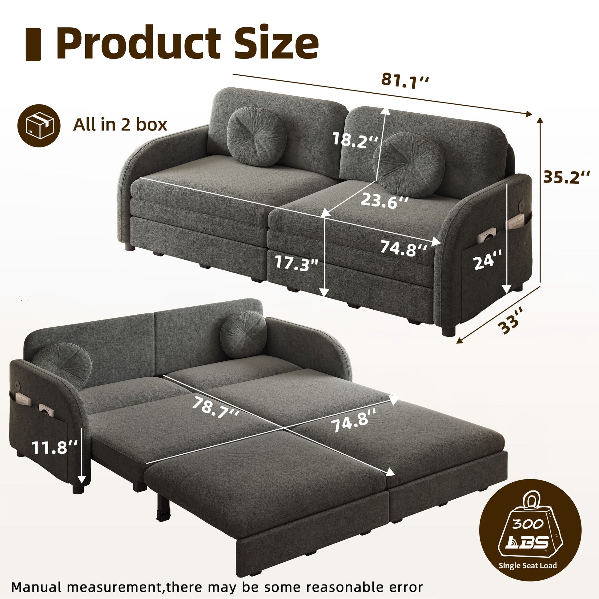 Upholstered Pull Out Couch With Side Pocket & USB Port
