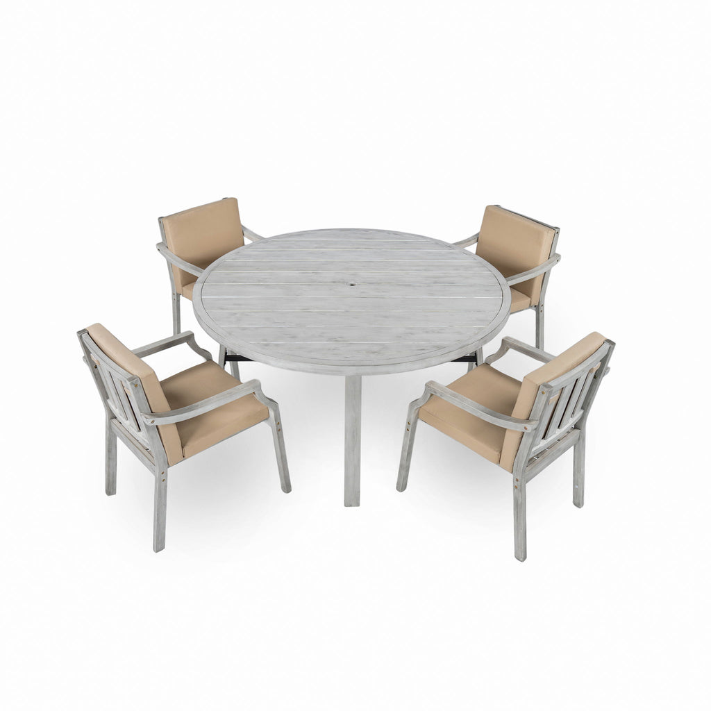 Outdoor Wooden Dinning Set With An Umbrella Hole And Removable Cushions For Patio