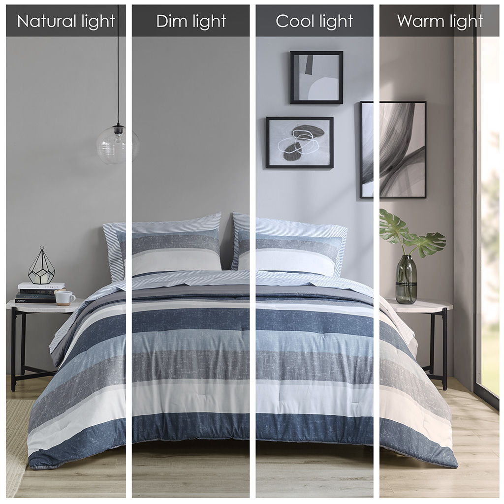 Jaxon - Stripe Twin Comforter Set With Bed Sheets - Blue / Gray