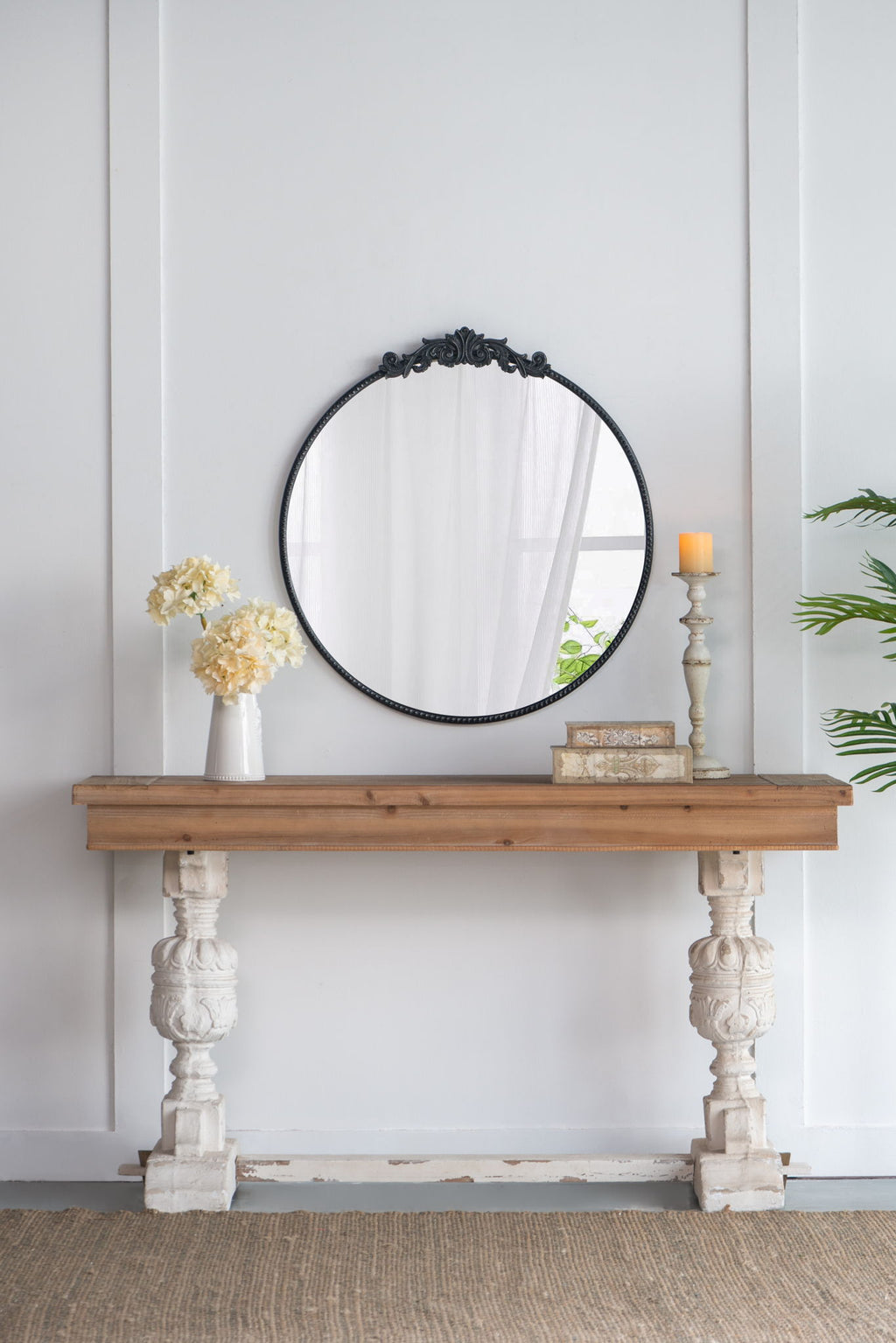 Classic Design Mirror With Baroque Inspired Frame For Bathroom, Entryway Console Lean Against Wall