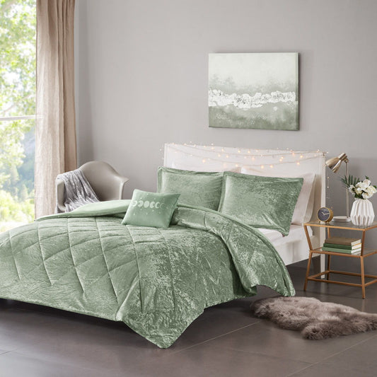 Felicia - Velvet Twin Duvet Cover Set With Throw Pillow - Green