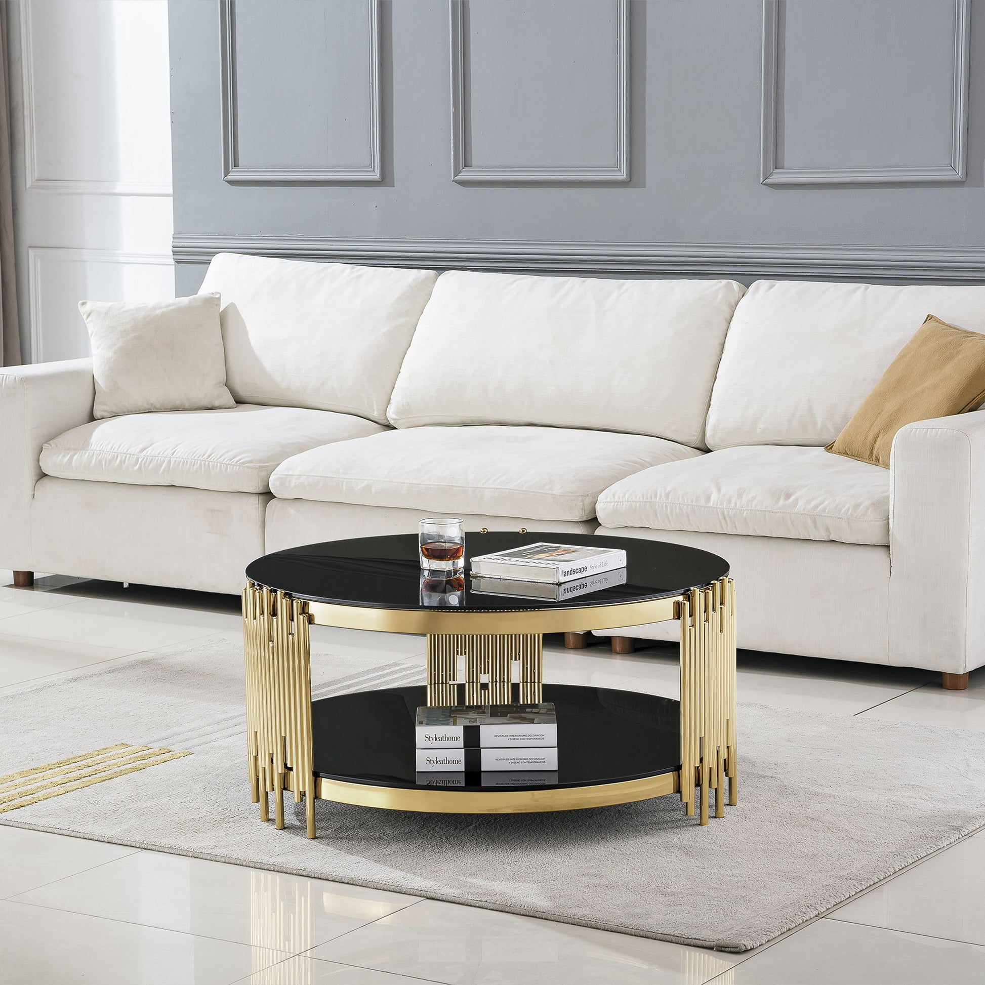 Round Double Tier Table With Flute Shaped Tube Legs