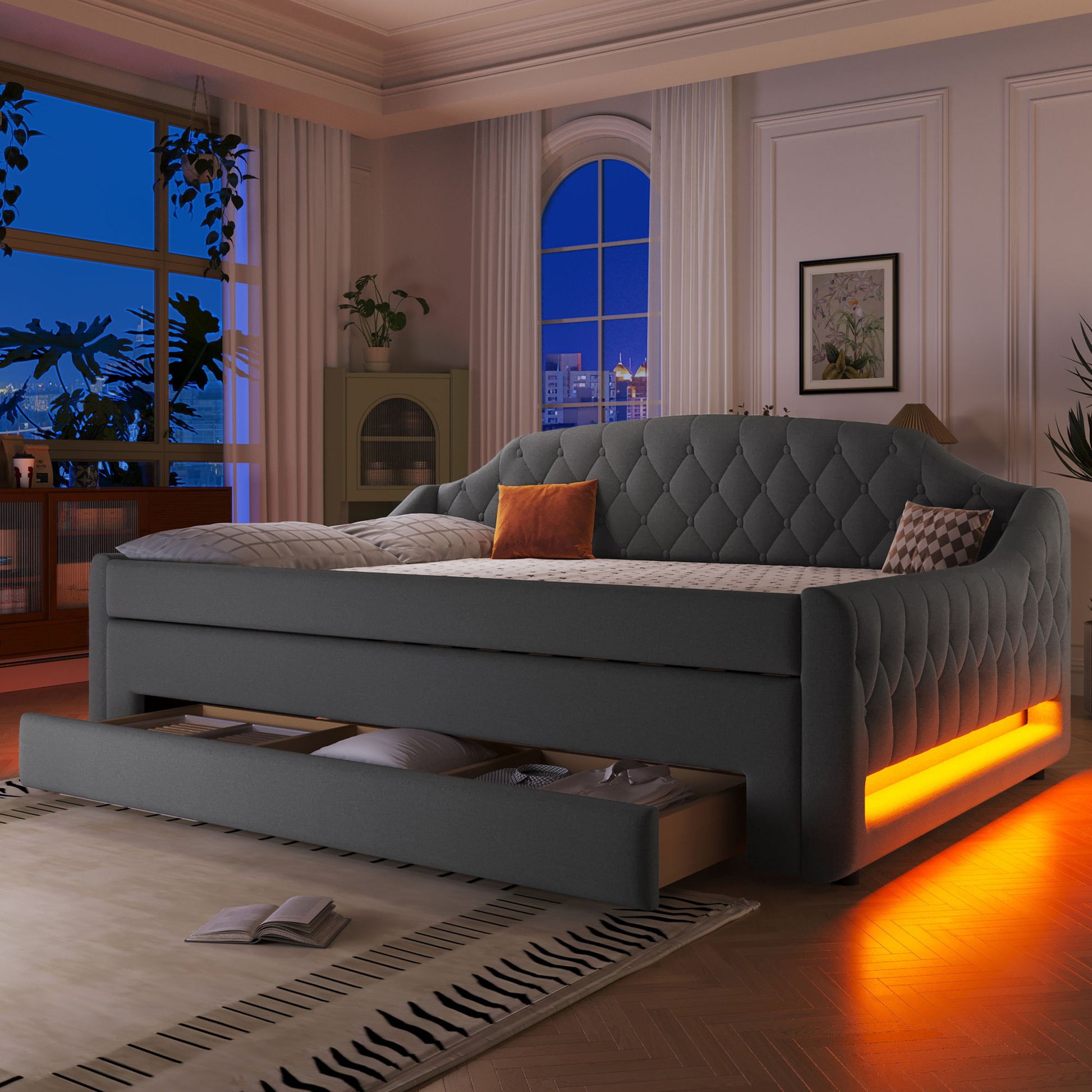 Upholstered Daybed With LED Belt, Trundle And 3 Drawers