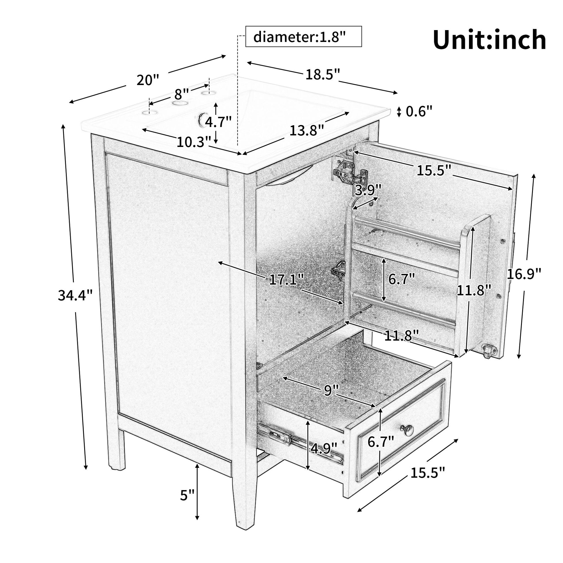 Modern Bathroom Vanity With Sink, Cabinet Storage, Drawer & Adjustable Feet