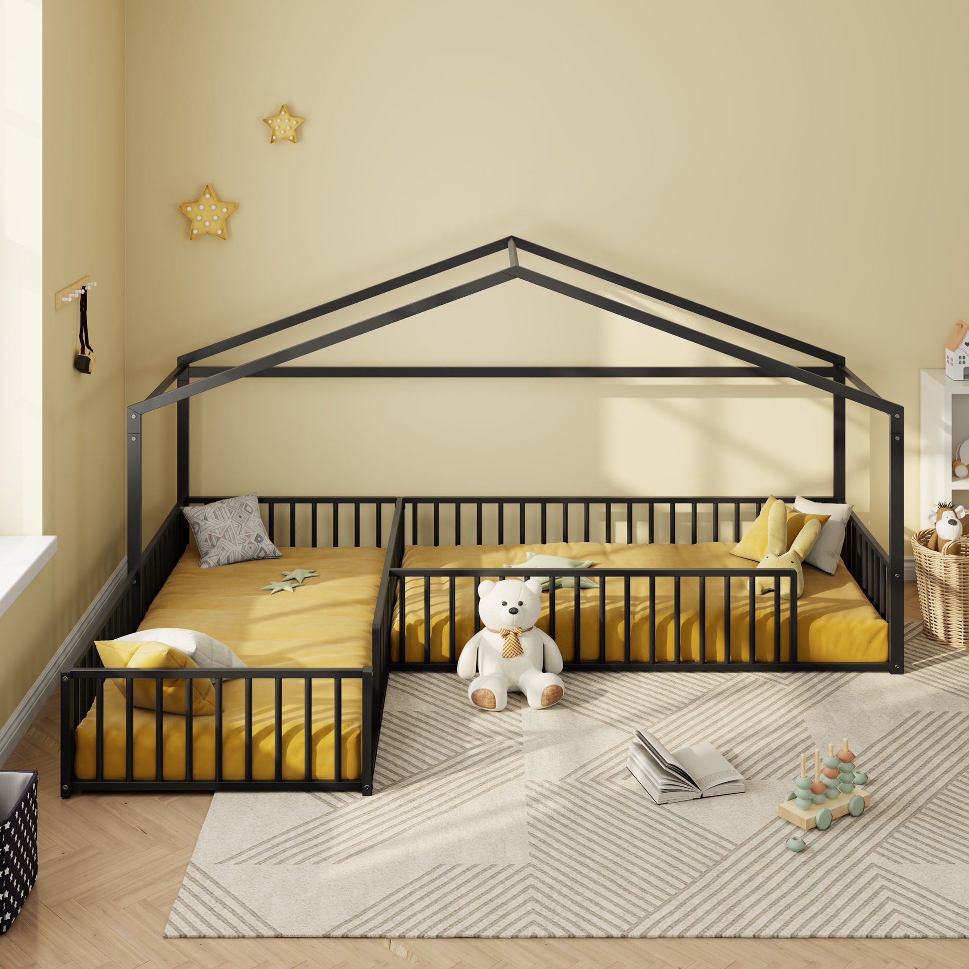 L-Shaped Montessori Bed For 2 Kids With Partitioned Fence