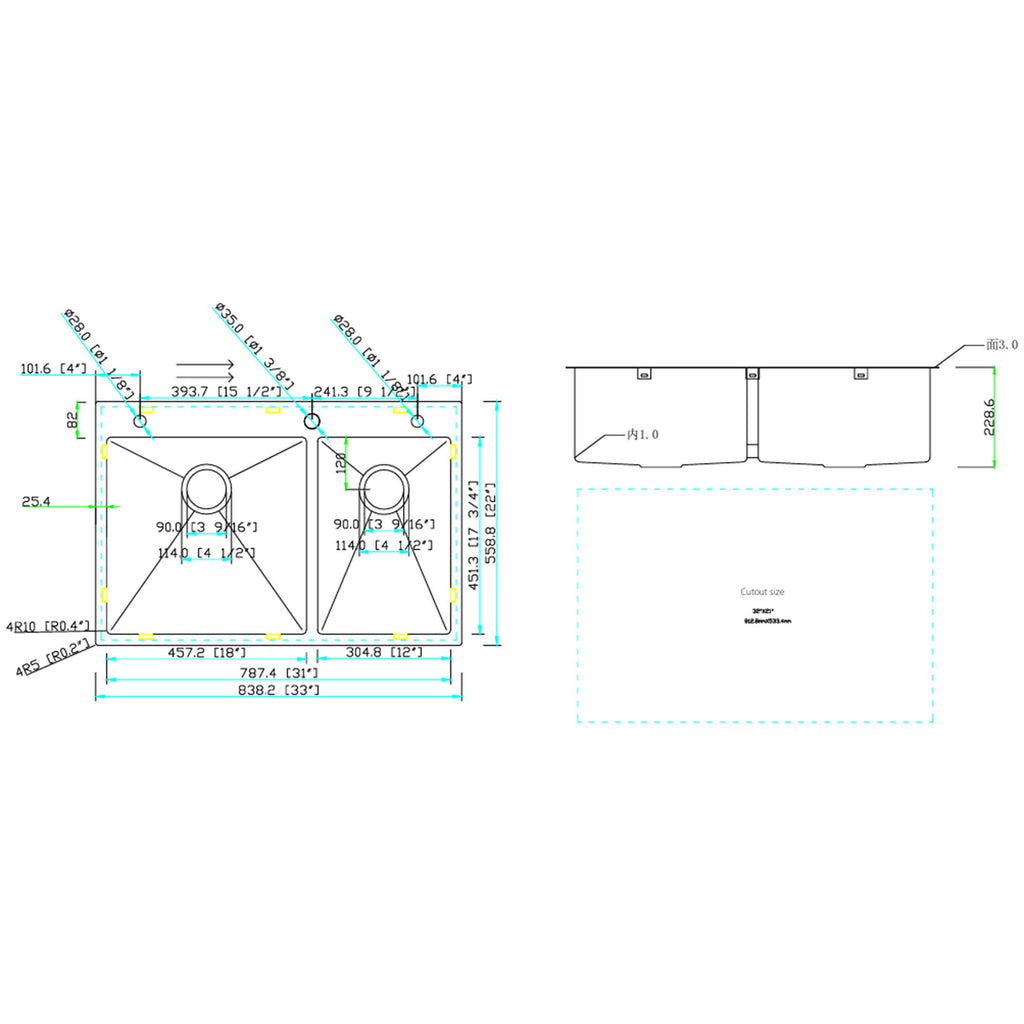 Double Bowl, Drop-In Sink With 2 Basins