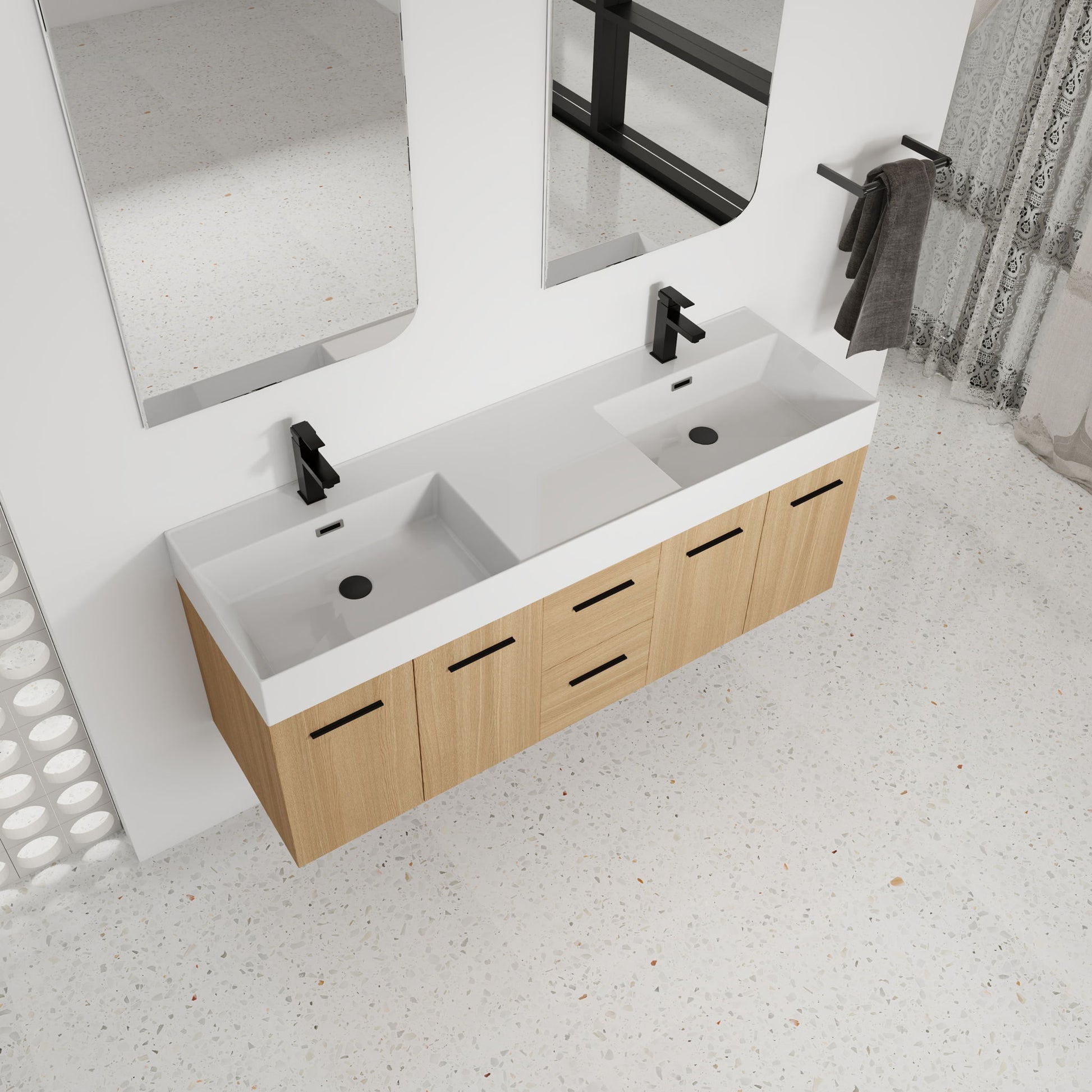 Floating Double Sink Bathroom Vanity With Drawers And Doors, Extra Large Storage, Integrated Sink, Soft Close Hardware - Glossy White / Light Oak