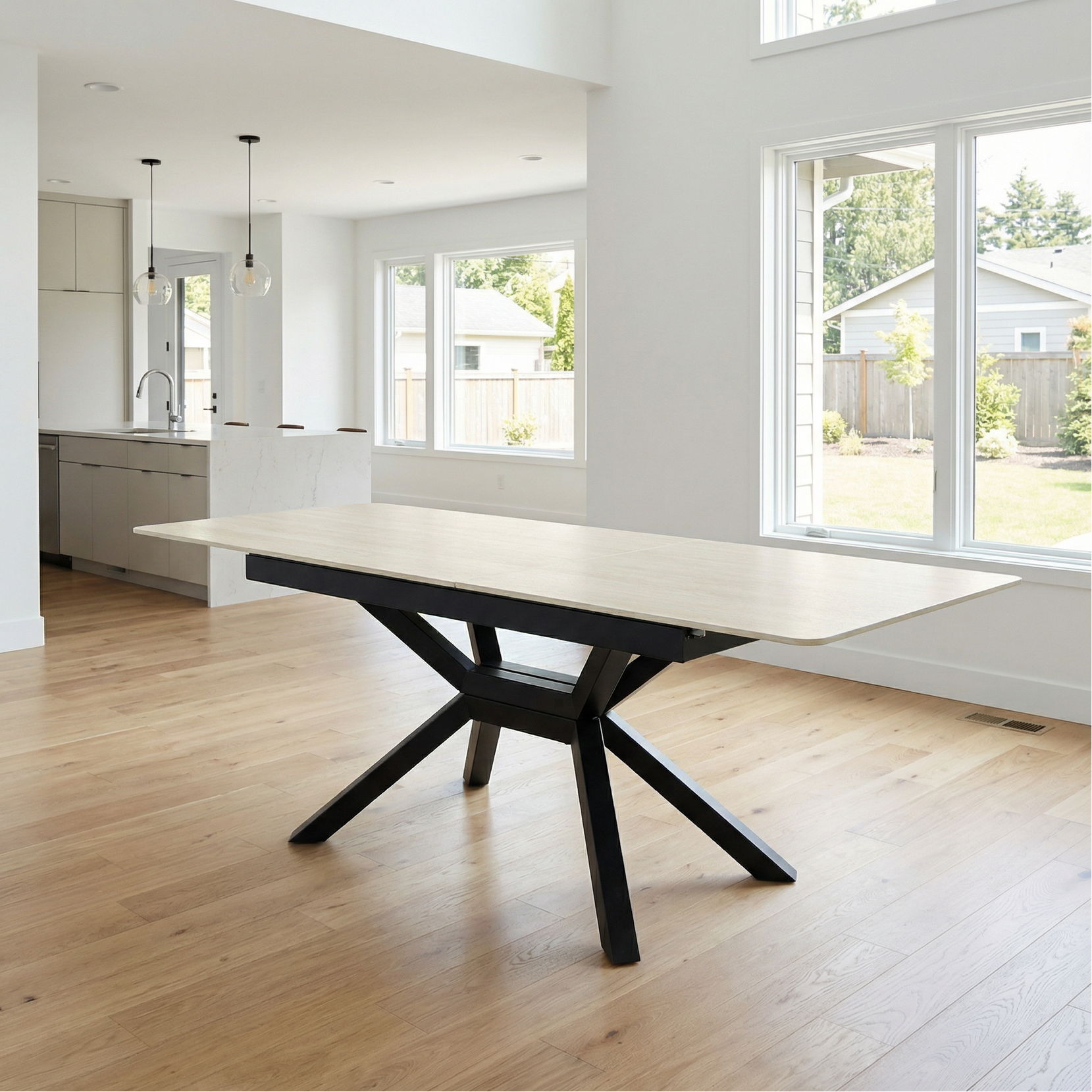 Rectangular Extendable Dining Table With Geometric X Frame, Kitchen Table For Dining Room - Beige