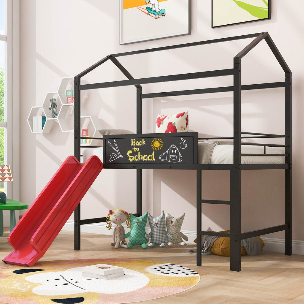 Twin Metal Loft Bed With Slide And 2 Sided Writable Wooden Board - Black