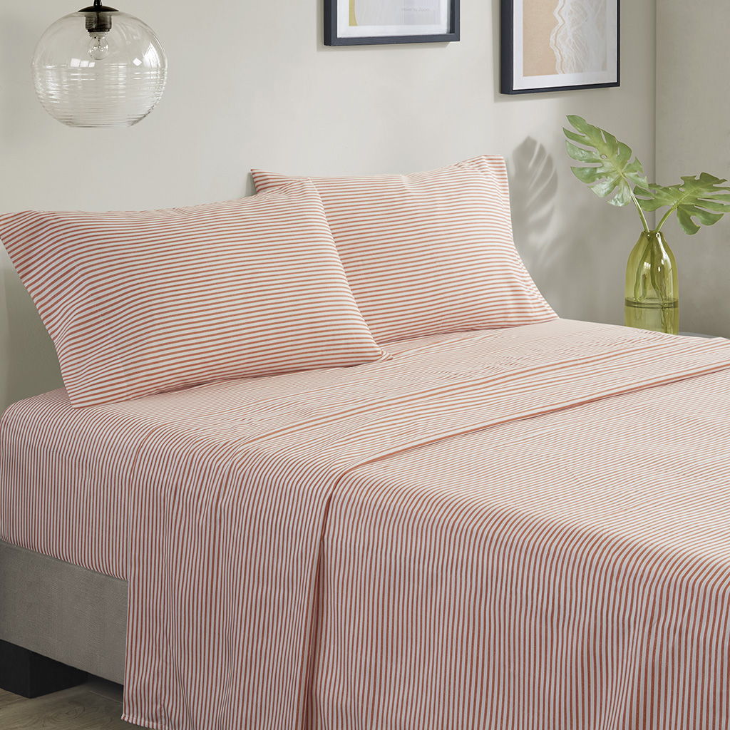 Jaxon - 7 Piece California King Stripe Comforter Set With Bed Sheets - Coral / Gray