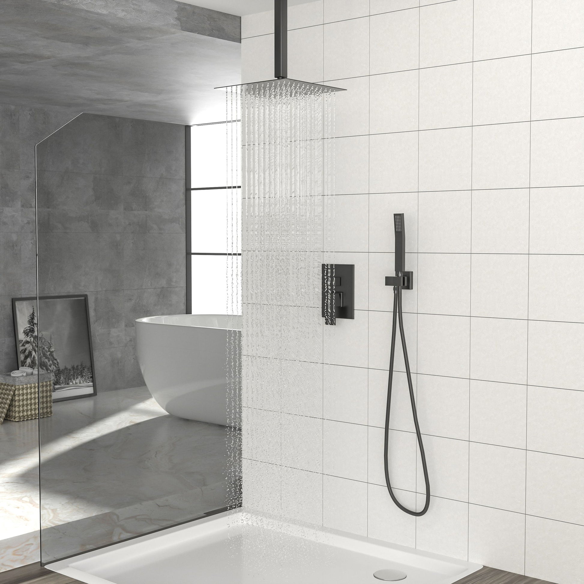 Luxury Dual Shower Head System 12" Ceiling Mount With Rough In Valve, Stainless Steel And Brass