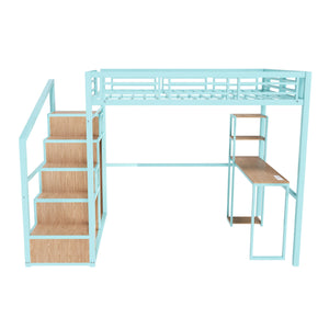 Heavy Metal Frame Full Loft Bed With Desk & Storage, 4 Cabinets, Staircase, Rack Space Saver - Green