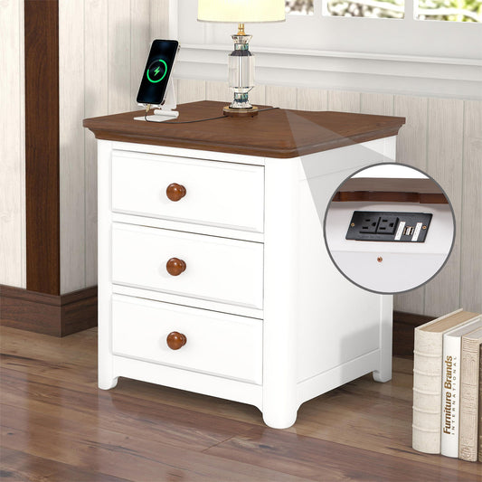 Gewnee - 3 Drawers Nightstand With USB Charging Ports - White / Walnut