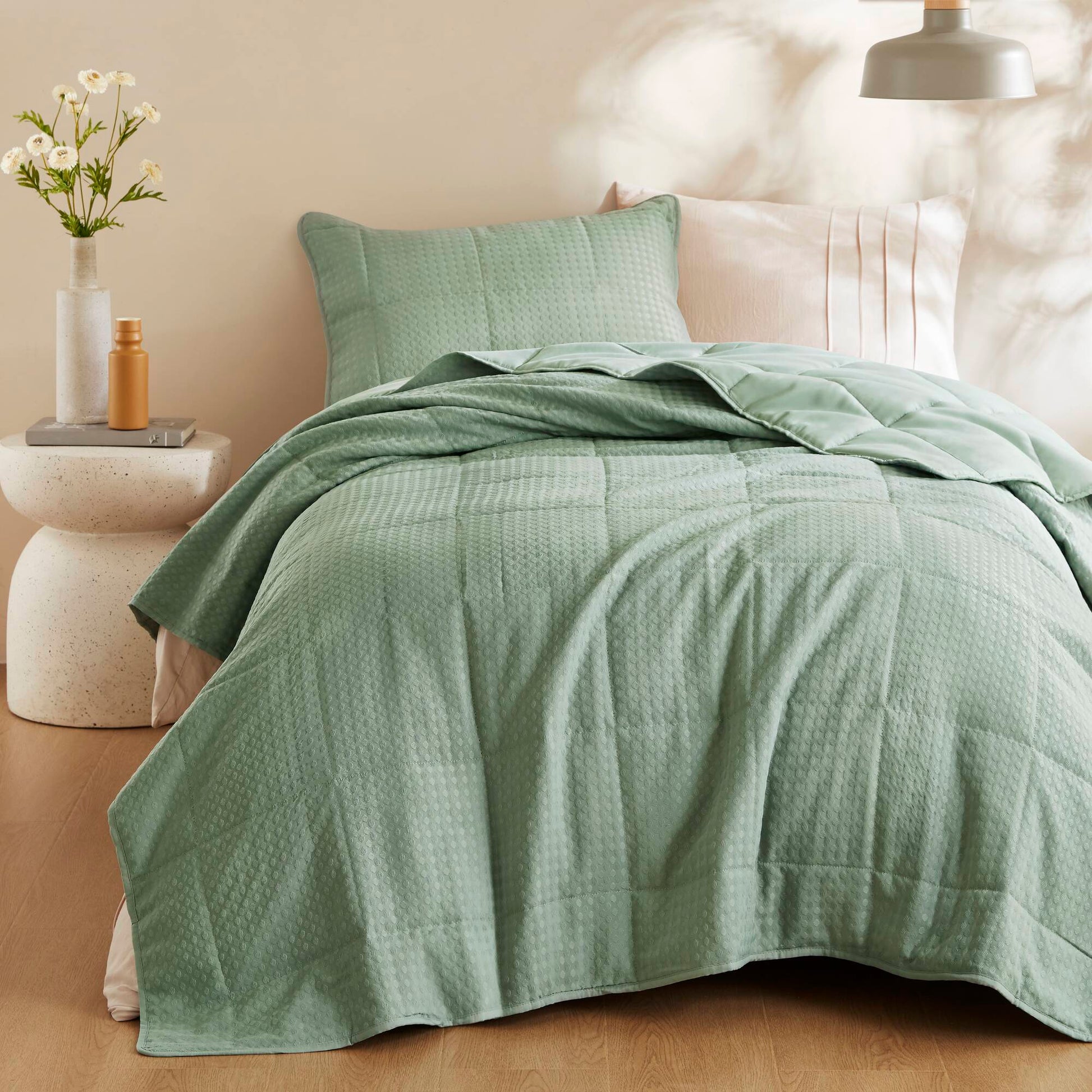 Mina - Twin/Twin Long Waffle Weave Textured Quilt Set - Green