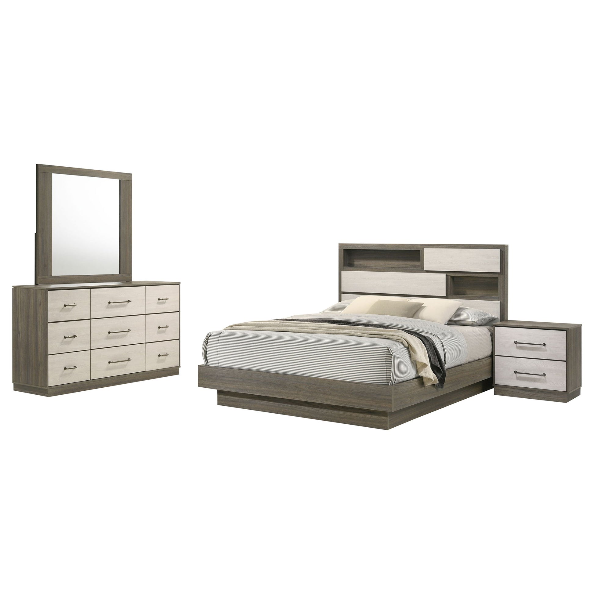 4 Piece Queen Bedroom Set With Built In Storage And Mirror - Oak