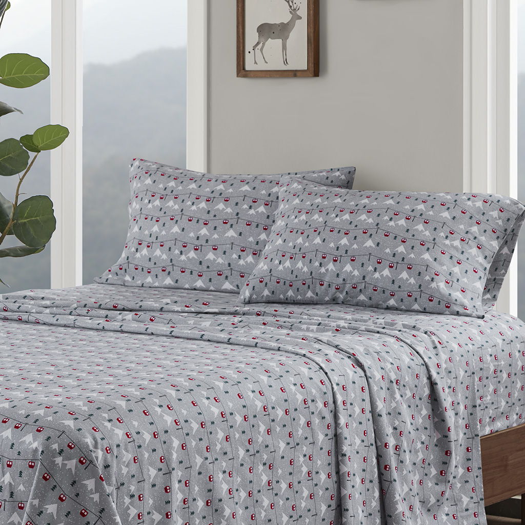 Flannel - 3 Piece Twin Sheet Set - Gray Ski Jump