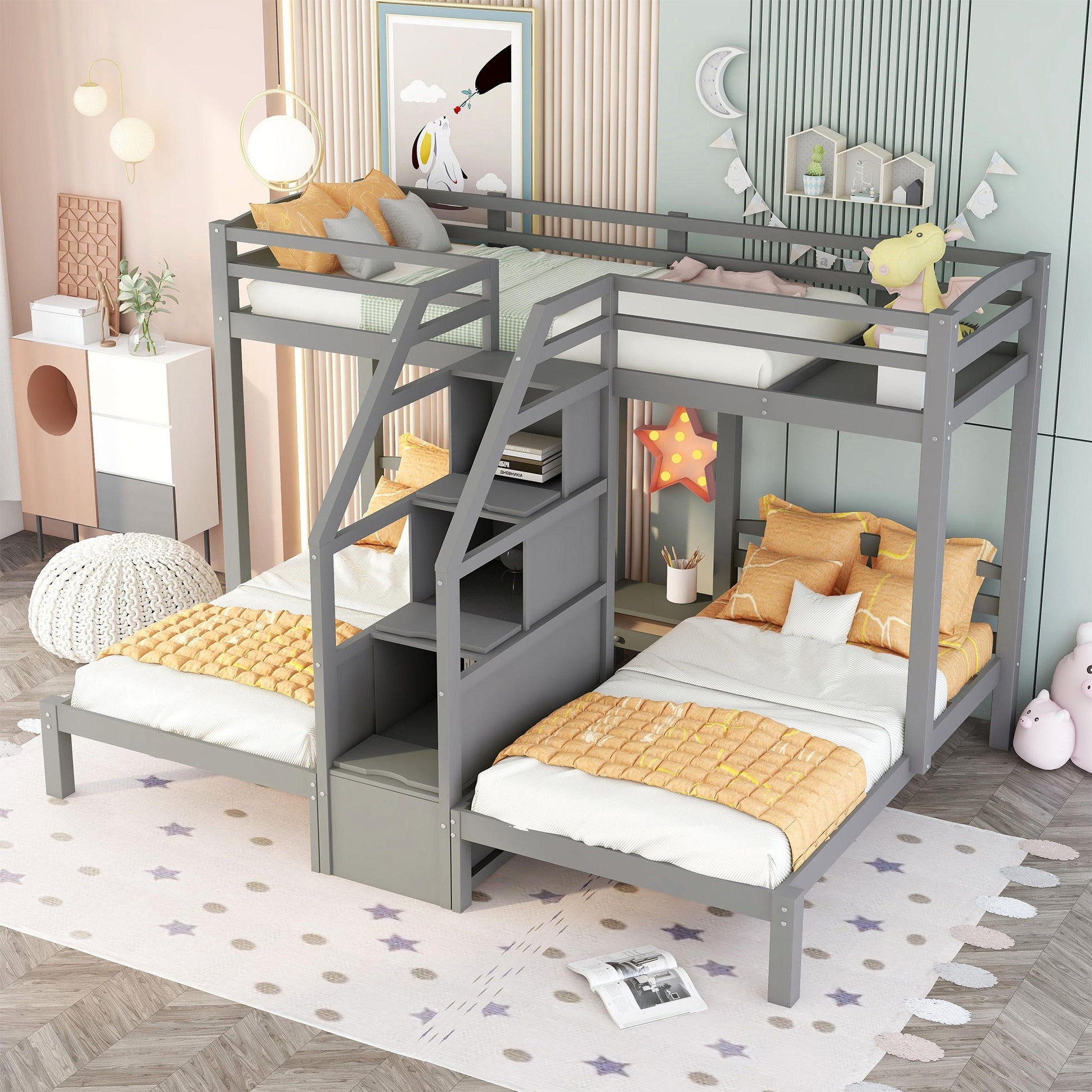 Twin Over Twin & Twin Bunk Bed With Built In Staircase And Storage Drawer - Gray