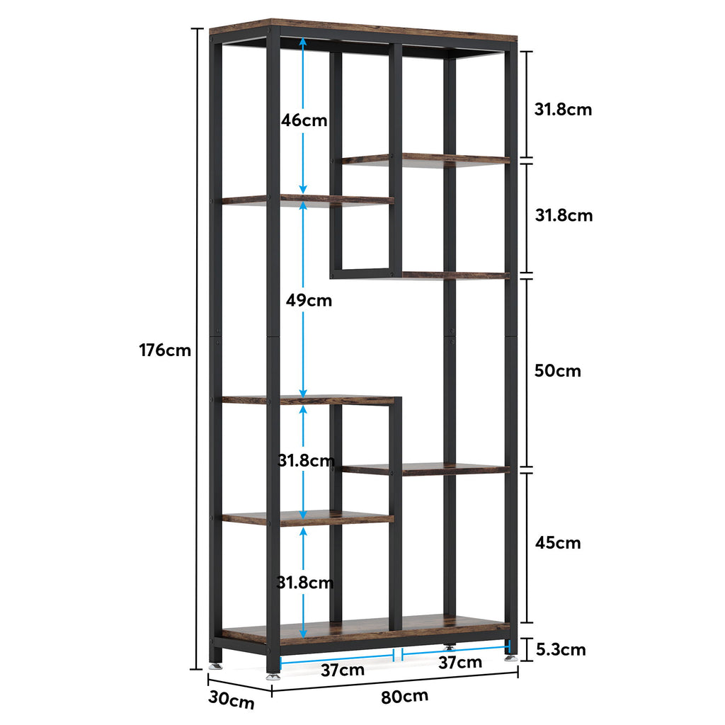 6 Tier, 8 Shelf Etagere Bookcase Storage Display Rack For Living Room - Rustic Brown