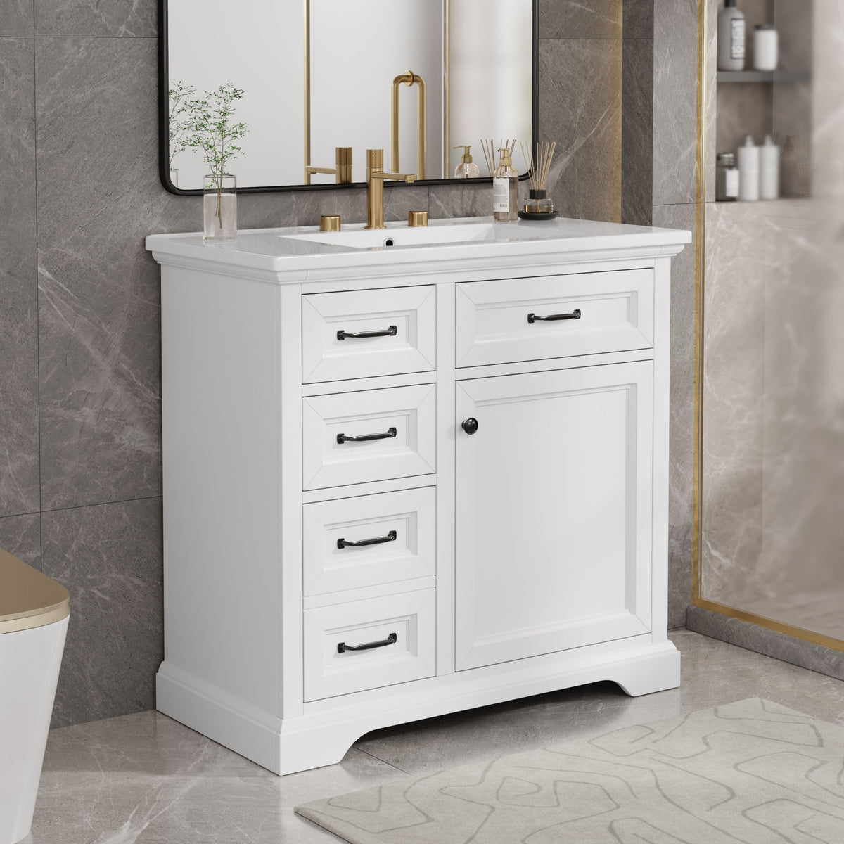 Modern Bathroom Vanity With Sink Top, 4 Drawers And 1 Soft-Close Door