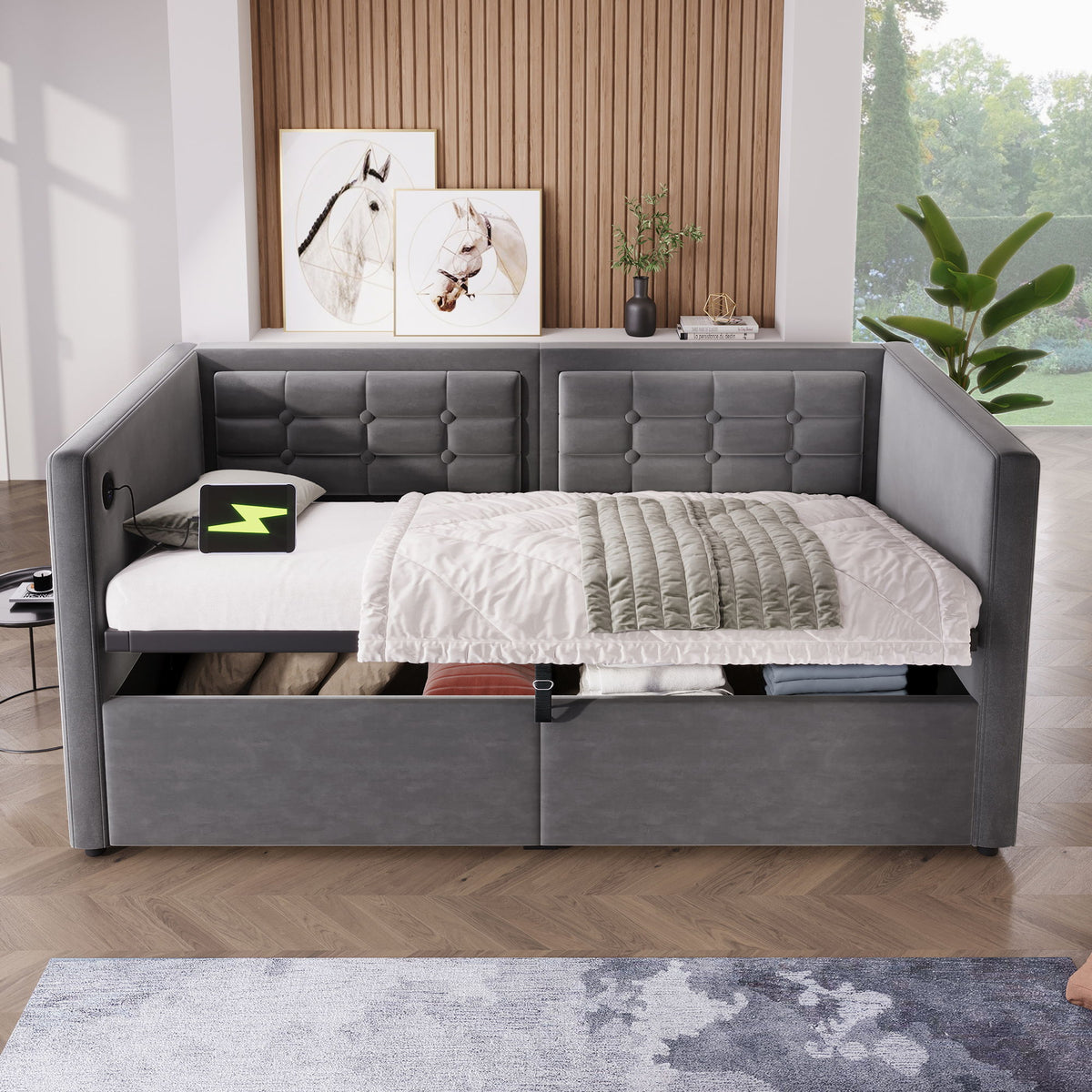 Upholstered Daybed With Hydraulic Storage And USB / Type - C Charging