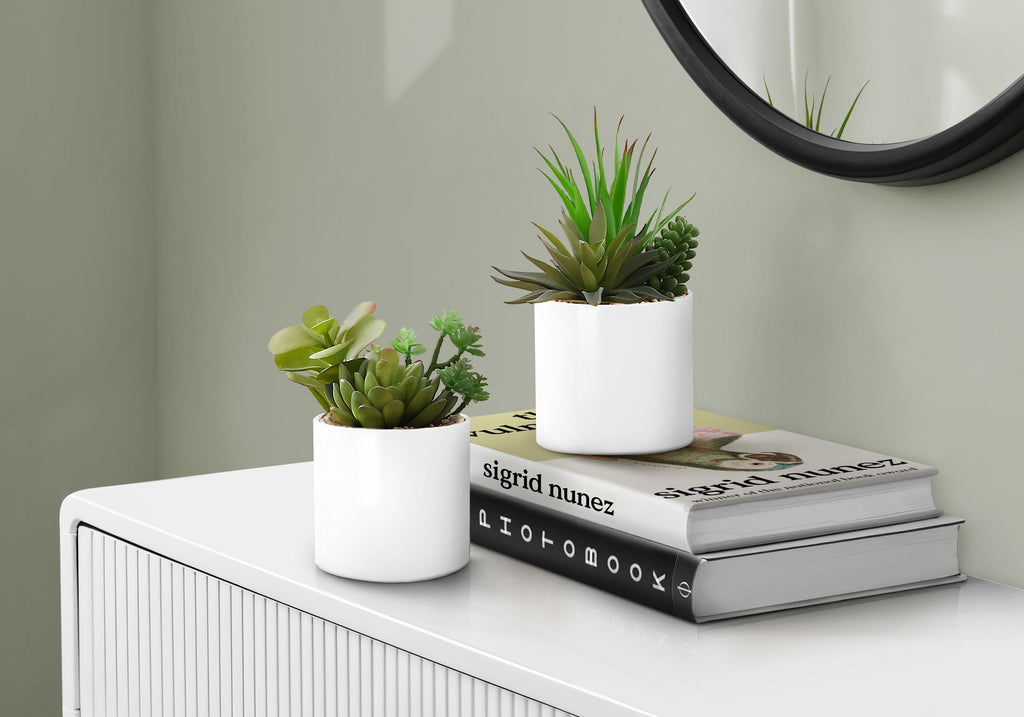 7" Tall, Artificial Plant, Succulent, Indoor, Faux, Fake, Table, Greenery, Potted, Decorative (Set of 2) - Green / White