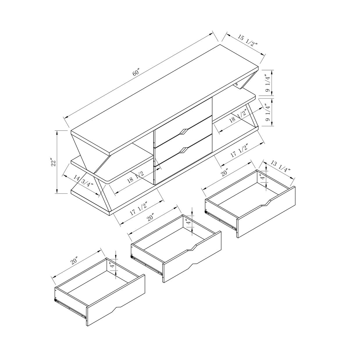 Modern TV Stand With Four Open Shelves And Three Storage Drawers - White Oak