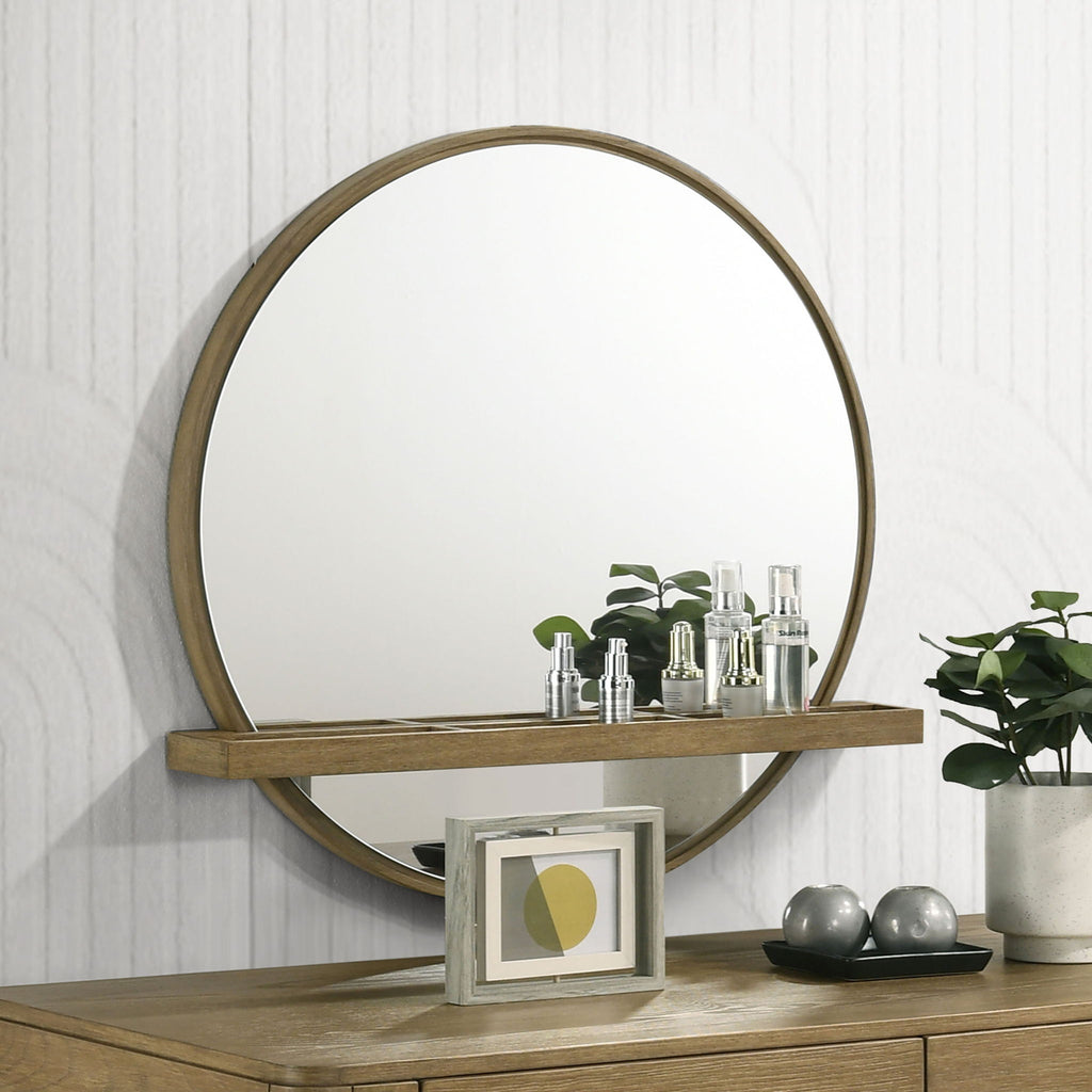Benson - Round Vanity Wall Mirror With Shelf - Sand