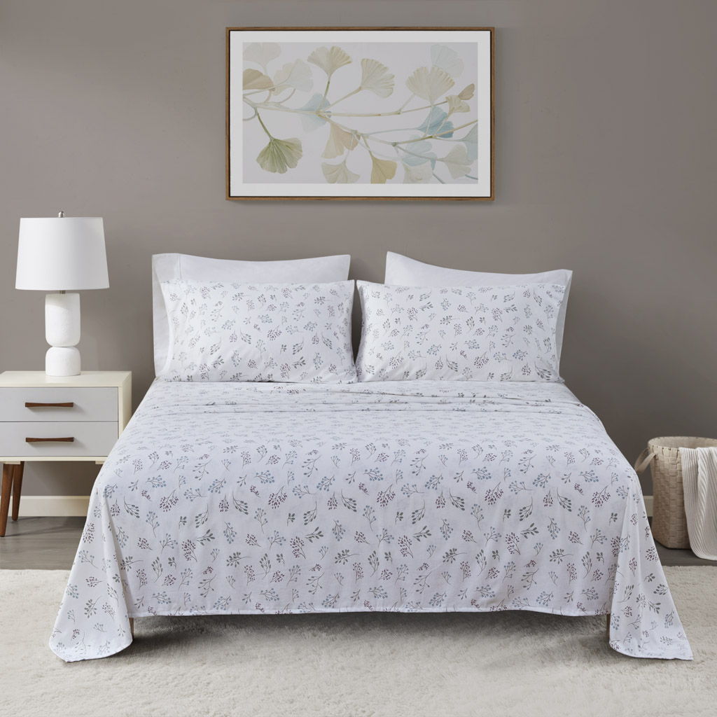Oversized Cotton Flannel - 4 Piece Full Sheet Set - White Tossed Botanical