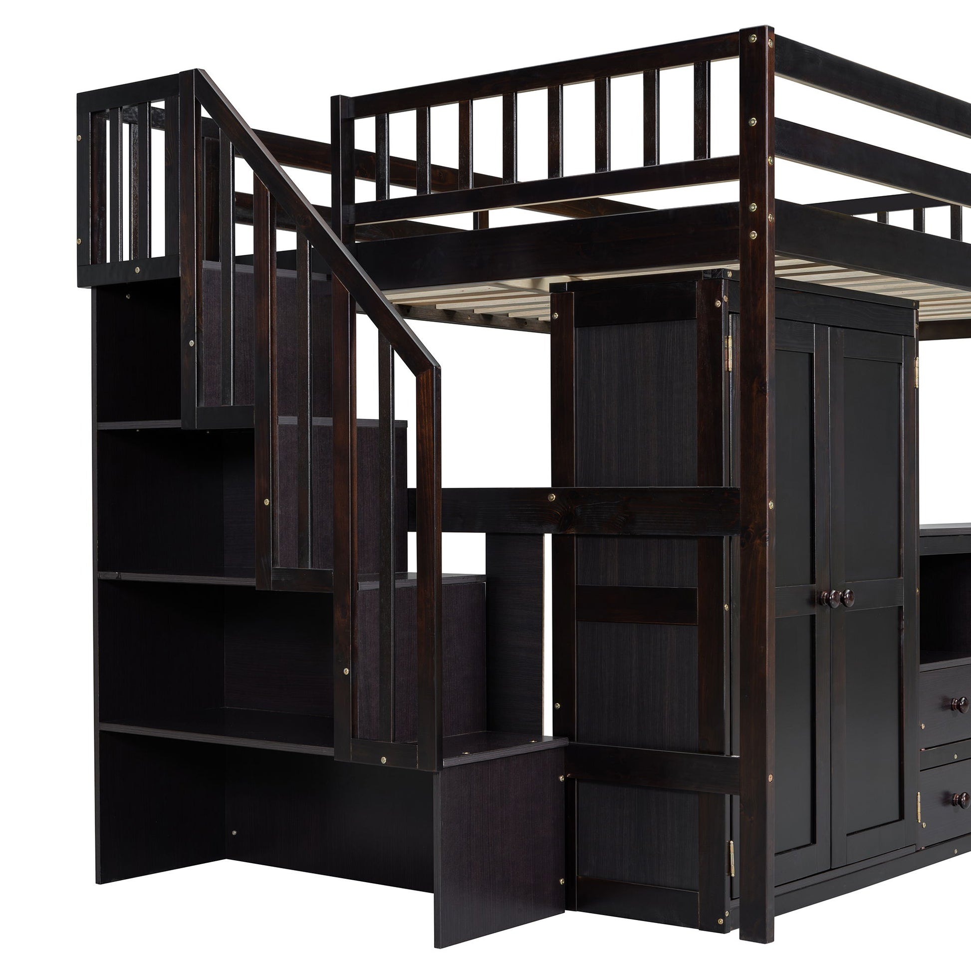 Loft Bed With Stairs, Bookshelf, Drawers, Desk & Wardrobe, Space Saving Multifunctional Furniture