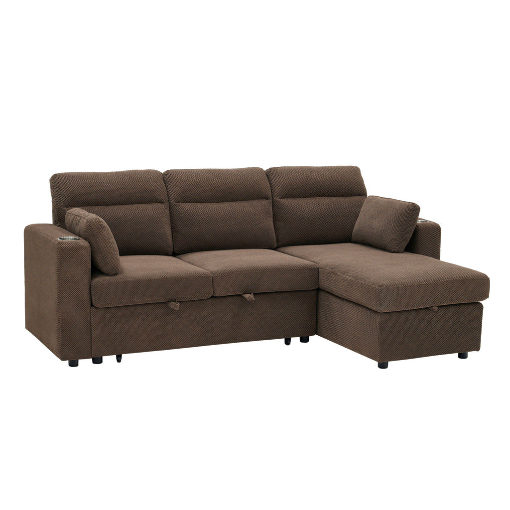Convertible L - Shaped Sectional Sofa Bed With Storage Chaise, Cup Holders