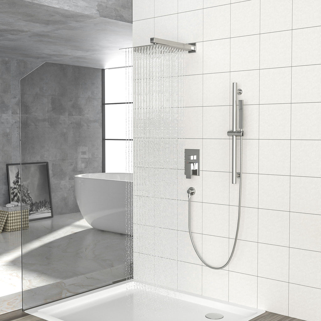 Wall Mounted Shower System With Adjustable Slide Bar And Rough In Valve, 12" Square Design - Brushed Nickel
