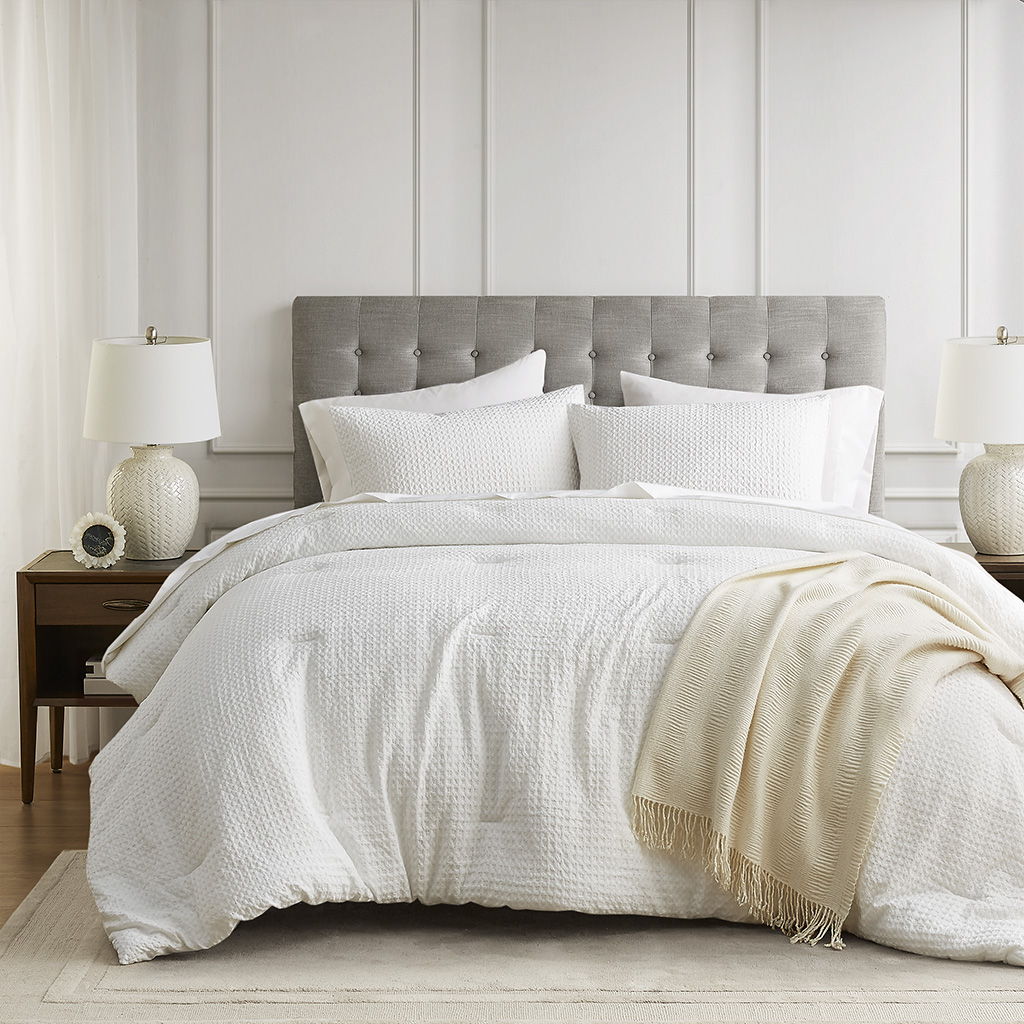 Mina - King/California King Waffle Weave Textured Comforter Set - White