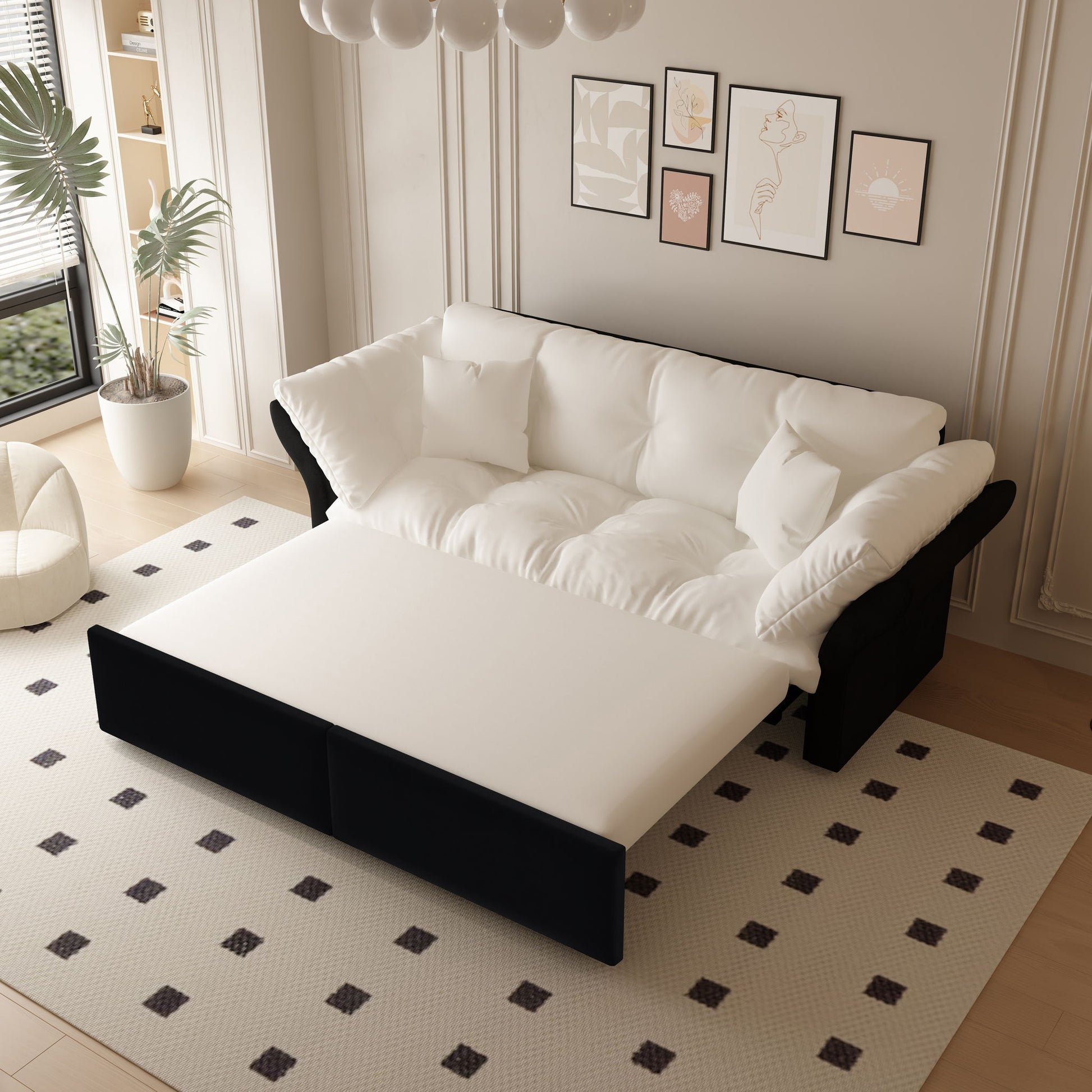 Queen Pull Out, 3 In 1 Convertible Sleeper Tufted Sofa & 2 Soft Pillows