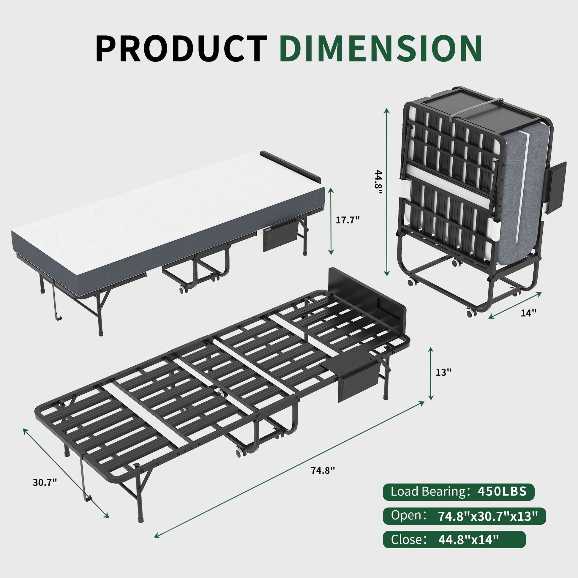 Twin Folding Bed With Adjustable Headboard & Memory Foam, Space Saving Rollaway Guest For Tall People, Portable On Wheels, Easy Assembly - Black