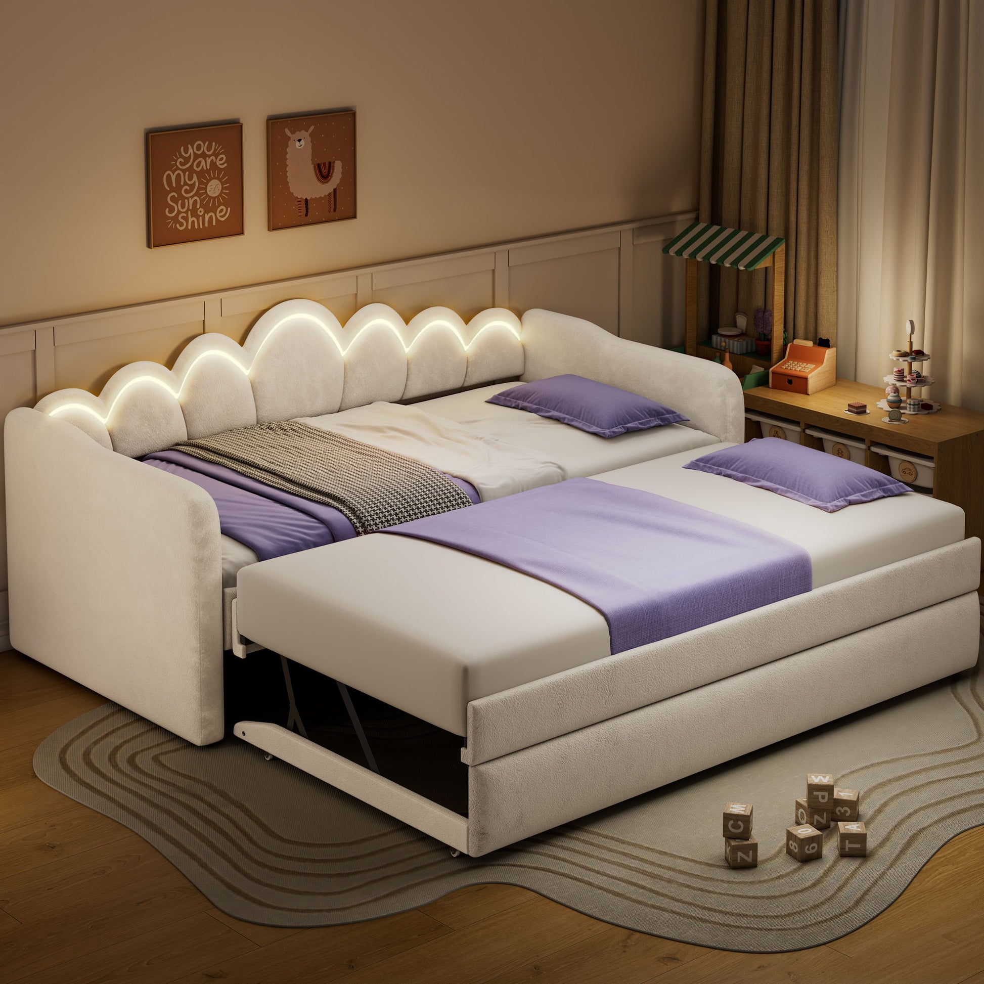Upholstered Daybed With Adjustable LED Trundle