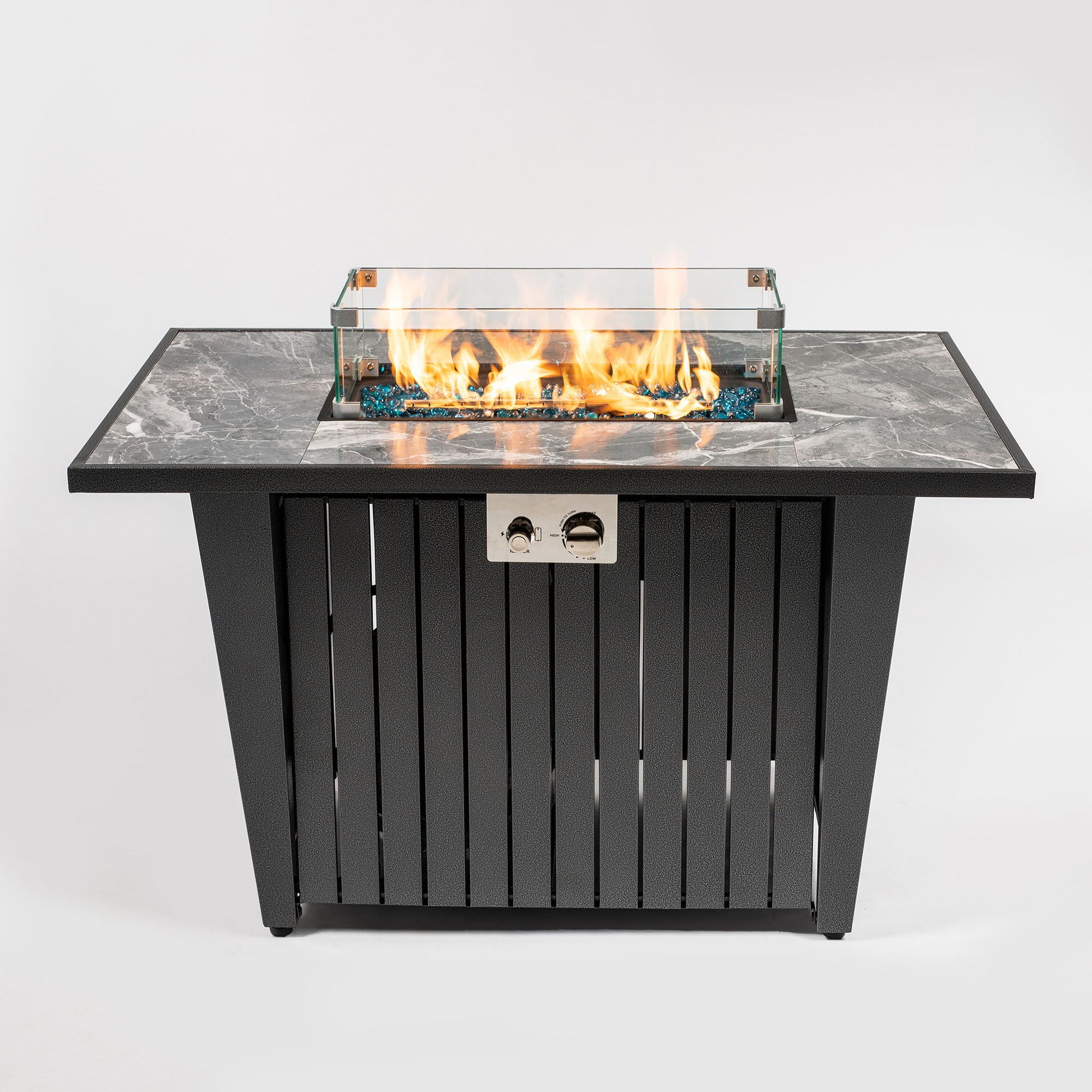 Morden Steel Fire Pit Table With Marble Tile Tabletop, Glass Wind Guard And Lid