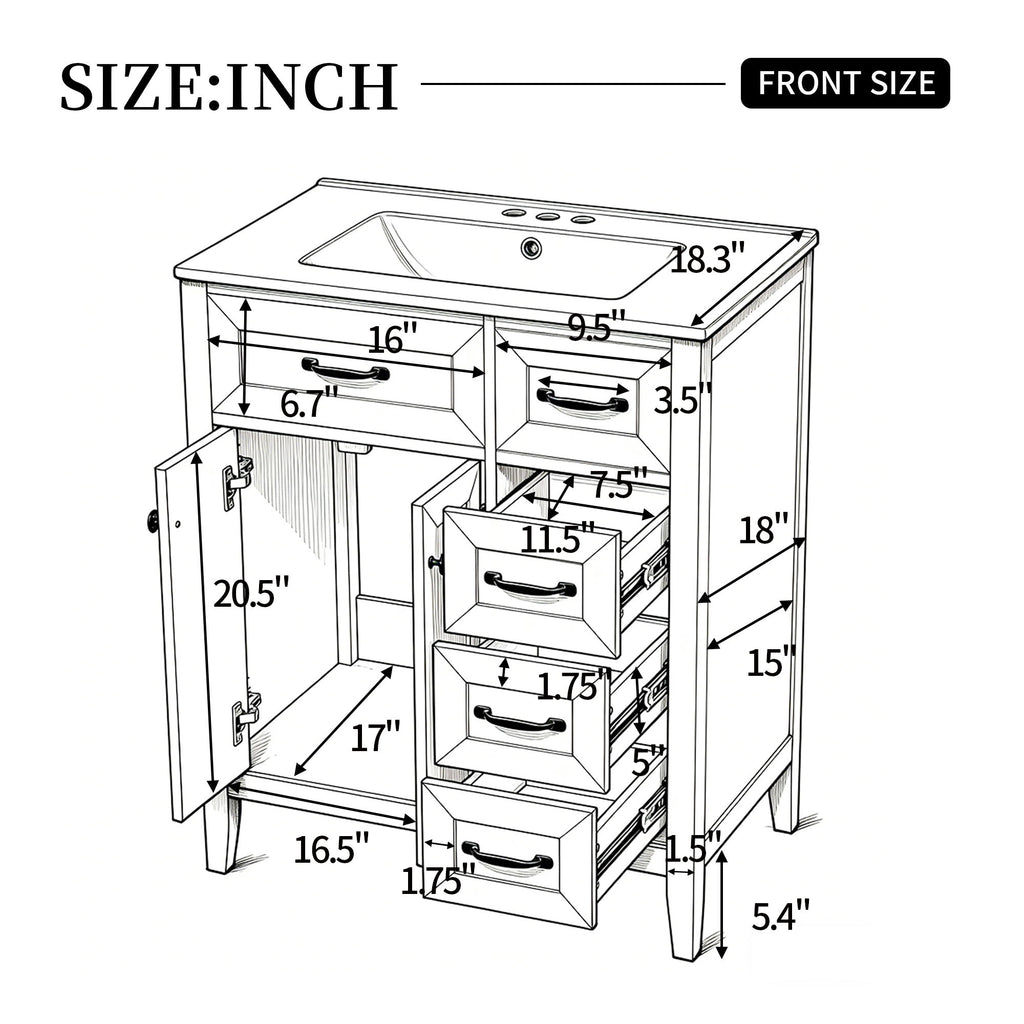Bathroom Vanity With Sink, Freestanding Design, Soft Close Doors & Drawers - White
