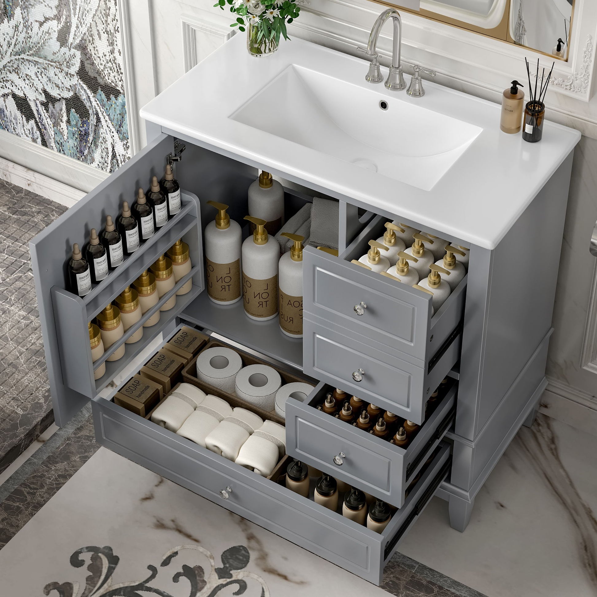 Modern Bathroom Vanity With Sink, 3 Drawers & Cabinet